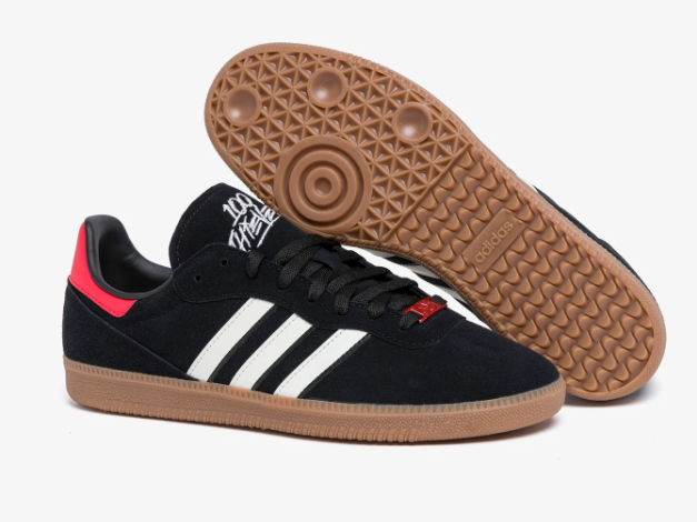 adidas Palos Hills Black sneakers showing white stripes and the textured gum-colored outsole