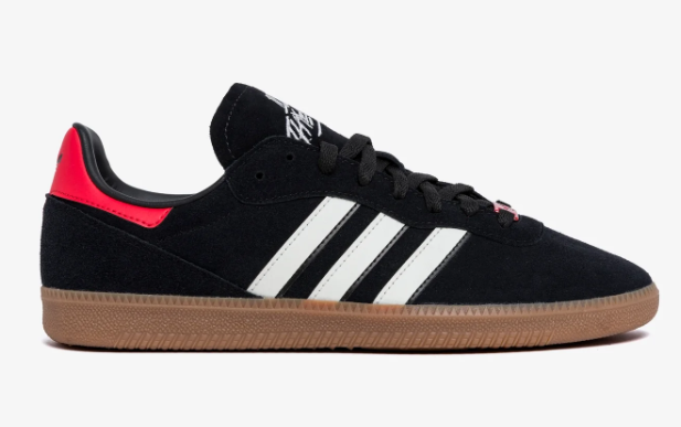 adidas Originals Palos Hills Black sneaker, side view with white stripes, red heel panel and gum sole